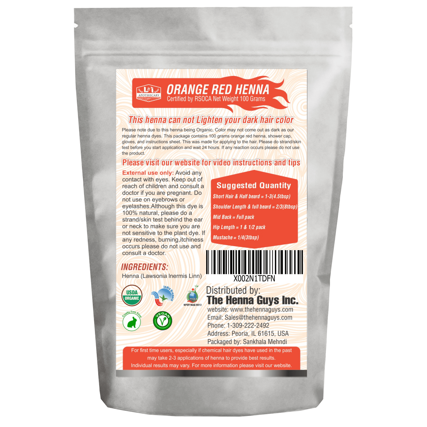 Organic Orange-Red Henna Hair Dye